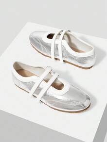 Minimalana Color Block Round Toe Flat Ballet Flats For Women, Hook And Loop Casual Shoes - Silver - View 1