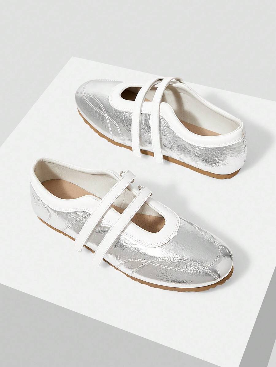 Minimalana Color Block Round Toe Flat Ballet Flats For Women, Hook And Loop Casual Shoes - Silver - View 1