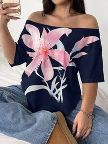 POPSWAY Áo thun tay ngắn in họa tiết hình học rộng rãi, gợi cảm, thoải mái, cỡ lớn dành cho nữ - Nhiều màu - Xem 5