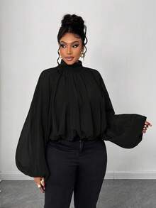 Maweii Áo sơ mi tay đèn lồng cổ đứng màu trơn thanh lịch cỡ lớn dành cho người đi làm - màu đen - Xem 4