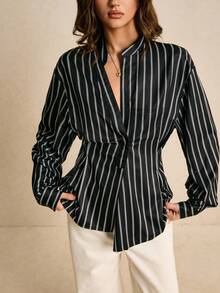 Poéselle Áo sơ mi sọc thời trang, áo crop top độc đáo, thiết kế nhiều lớp - màu đen - Xem 6