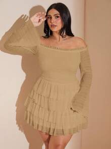 SHEIN BAE Váy mini trễ vai xếp ly xếp lớp màu trắng ngọt ngào và gợi cảm cỡ lớn - Màu be - Xem 5