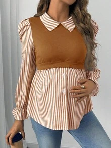 SHEIN Maternity Striped Lapel Gigot Sleeve Casual Nursing Top - Brown - View 3