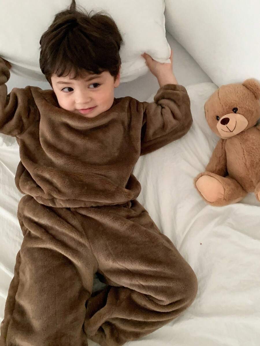 DAZY Komplet piżamowy dla chłopca w koreańskim stylu, z okrągłym dekoltem, długim rękawem i luźnym krojem, 2 sztuki, jesień i zima - Kawowy brązowy - Zobacz 1