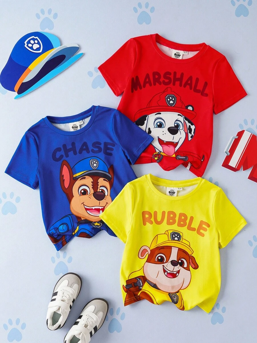 SHEIN | PAW Patrol 3pcs/Set Young Boy Cute Cartoon Puppy Graphic Print Round Neck Short Sleeve Knit T-Shirt, Summer Boys Cartoon T Shirts Boys Dog T Shirt - Multicolor - View 1