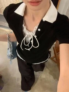 DAZY 女士拼色短袖休闲T恤 - 黑色 - 查看 1