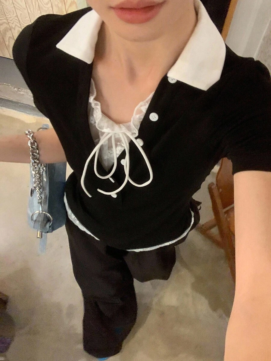 DAZY 女士拼色短袖休闲T恤 - 黑色 - 查看 1