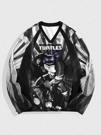 TEENAGE MUTANT NINJA TURTLES X ROMWE Men's Casual Cartoon Pattern V-Neck Long Sleeve T-Shirt, Autumn
