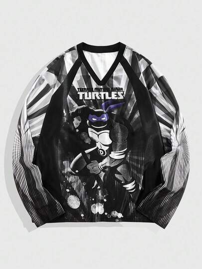 TEENAGE MUTANT NINJA TURTLES X ROMWE Men's Casual Cartoon Pattern V-Neck Long Sleeve T-Shirt, Autumn