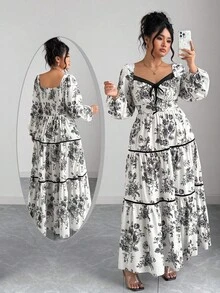 Elenzga 大码女式复古法式花卉印花连衣裙，高品质天鹅绒腰带 A 字裙，适合初秋 - 彩色 - 查看 1