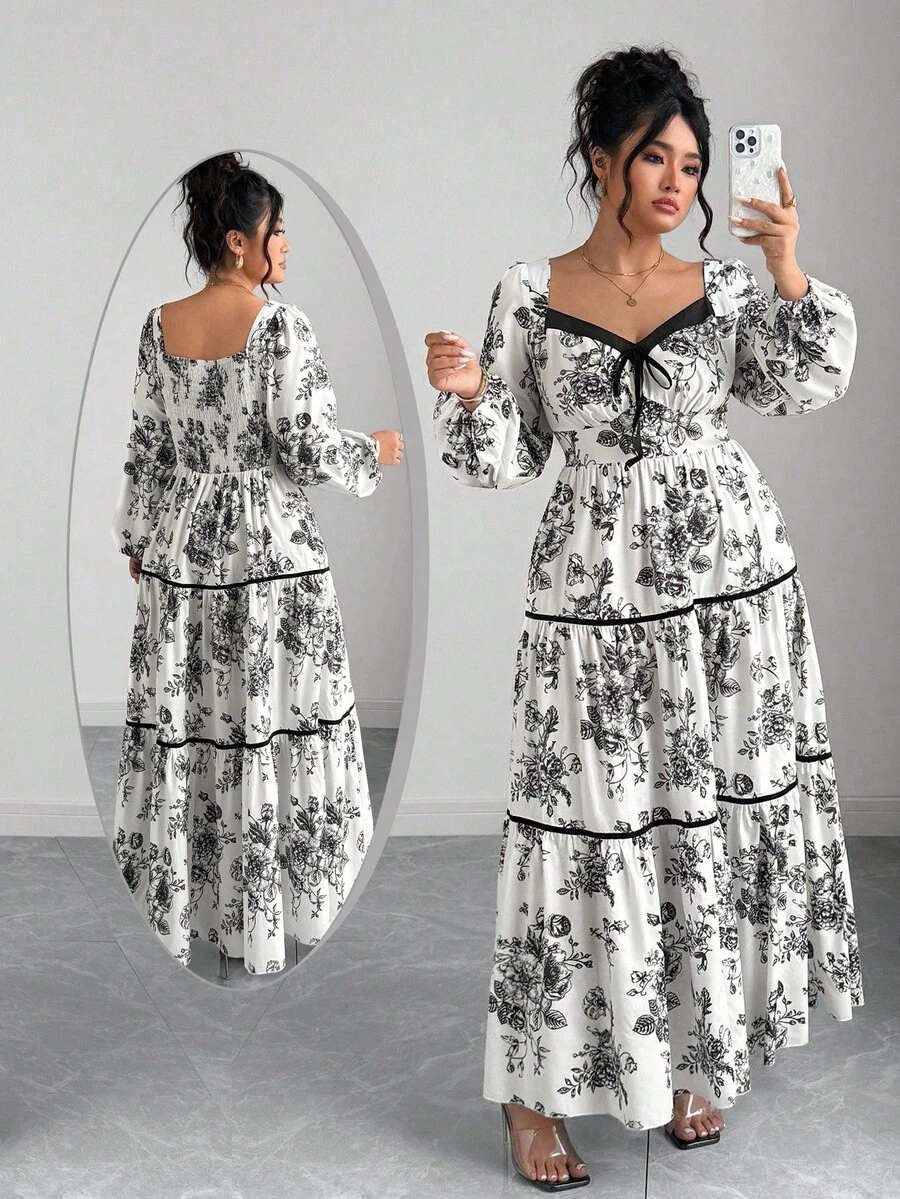 Elenzga 大码女式复古法式花卉印花连衣裙，高品质天鹅绒腰带 A 字裙，适合初秋 - 彩色 - 查看 1
