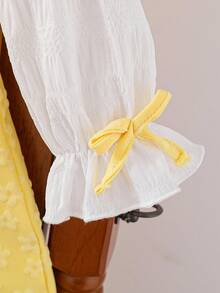 SHEIN Elladie kids 年轻女孩'花卉纹理田园风泡泡袖蝴蝶结装饰黄色连衣裙，秋季 - 黃色 - 查看 6