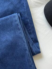 SHEIN Celana Jeans Denim Kasual Sederhana Wanita dengan Kancing Depan dan Saku, Cocok untuk Pemakaian Sehari-hari - Medium Wash - View 3