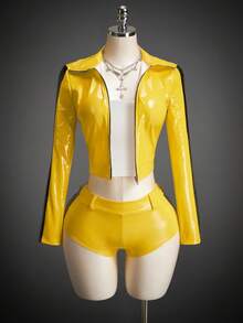 SHEIN ICON Women's Autumn And Winter Halloween COS Costume Sexy Avant-Garde Fashion Retro Yellow And Black Contrast Leather Stitching Slim-Fit Cropped Jacket Low Waist Shorts Suit - Yellow - View 8