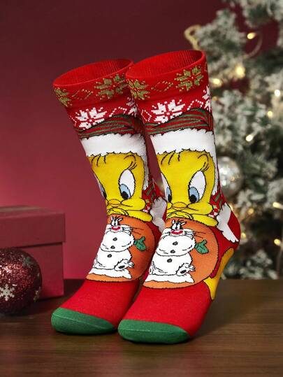 LOONEY TUNES X SHEIN Calcetines de media caña suaves y transpirables que absorben la humedad, color rojo festival de moda, con puntera y talón reforzados para mayor durabilidad, unisex, para Navidad e invierno, regalo