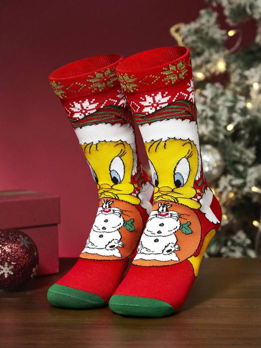 LOONEY TUNES X SHEIN Soft & Breathable Moisture-Wicking Mid-Calf Socks Fashionable Festival Red Crew Reinforced Toe & Heel For Durability Unisex Christmas Winter,Gift - Multicolor - View 1