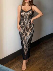 DAZY Black Lace Patchwork Sheer Mesh Adjustable Waist Sexy Nightgown For Women Lingerie For Women - Black - View 6