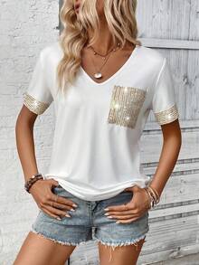 SHEIN LUNE 女款閃亮拼接短袖t恤 - 白色 - 查看 6
