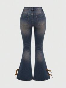 ROMWE Quần jeans ống loe cạp thấp họa tiết da lộn vá lỗi phong cách cổ điển dành cho nữ phong cách miền Tây cao bồi Hippie - Nhiều màu - Xem 2