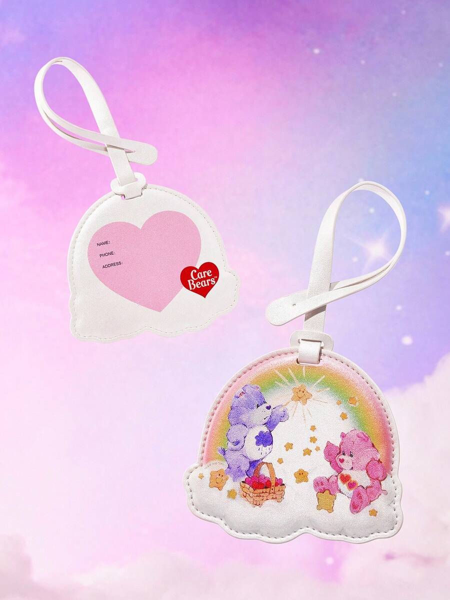 SHEIN X Care Bears 1pc Cute Cartoon Bear Pattern Iridescent PU Leather Luggage Tag, Personalized Decor, Suitable For Luggage, Travel Bag, Backpack, For Men, Women, Students, Bear, Love-A-Lot Bear - White - View 1