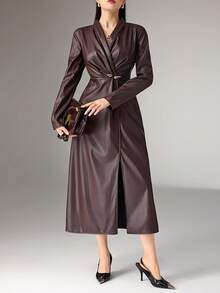 Heiryn 女士纯色交叉裹身褶饰优雅中长连衣裙 - 棕色 - 查看 5