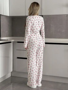EURMUSE Women Cotton Rib Knit With Flower Patterned Long Sleeve&Pants Homewear Comfort Lounge Pajama Set For Ladies Pj Sets For Women Long Sleeve Women Lounge Set Comfy Pajamas Set Women's Lounge Set - White - View 2