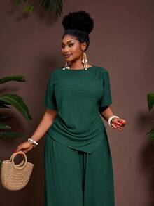 Veslaya 2026春夏新款休闲度假优雅海岛风派对纯色棕色褶皱面料露脐上衣，修身剪裁，尖下摆短袖上衣搭配松紧腰阔腿裤两件套，大码女装 - 墨綠色 - 查看 6