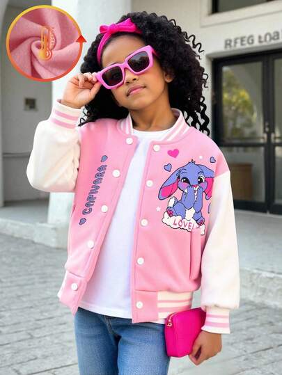 SHEIN 1 件年轻女孩秋冬拼色领口和袖口罗纹袖卡通印花前拉链休闲棒球夹克，时尚街头服饰
