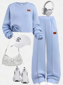 SHEIN 青少年女孩休闲宽松舒适圆领长袖短款连帽衫和裤子套装 - 淺藍色 - 查看 2