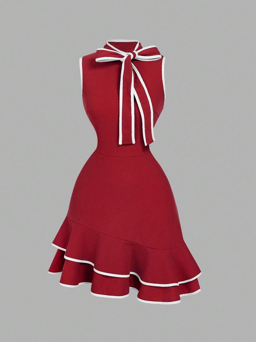 SHEIN MOD 女士优雅无袖连衣裙，荷叶边下摆，系带领 - 酒紅色 - 查看 1