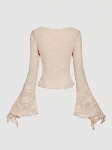 SHEIN MOD Blusa romántica y elegante con lazo delantero en color albaricoque, camiseta linda para mujer, disfraz de otoño/invierno con diseño calado para mujer, blusa pirata, disfraz de princesa, top para salir