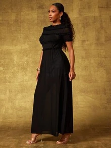 Vixey Sheer Solid Mesh Frill Detail Short Sleeve Maxi Dress, Going Out - Black - View 4