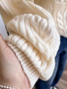 SHEIN 少女麻花图案金属花单排扣长袖针织开衫，秋冬款 - 米色 - 查看 5