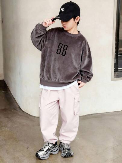 SHEIN 2 件套青少年男孩休闲绒面革羊毛运动衫和裤子套装，适合通勤、上学、日常休闲、运动、秋冬