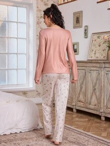 CottageSlumber Women's Casual Long Sleeve Solid Color V-Neck Pajama Set, Ditsy Floral Lounge Pants, Fall Clothes - Multicolor - View 7