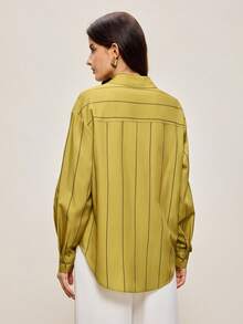 BizChic 2025 Autumn/Winter New Yellow-Green Striped Print Lapel Button-Front Women's Shirt, Modern Elegant Urban Business Casual Office Wear, Suitable For Dates, Parties, Outings, Airports, Romantic Country Music Concerts, Old Money Style, Korean Fashion, Airport, Wedding Guest, Birthday, Halloween, Christmas,Fall Tops Women Work Blouses Women Button Down Shirts Office Blouse Striped Shirt Women - Green - View 3