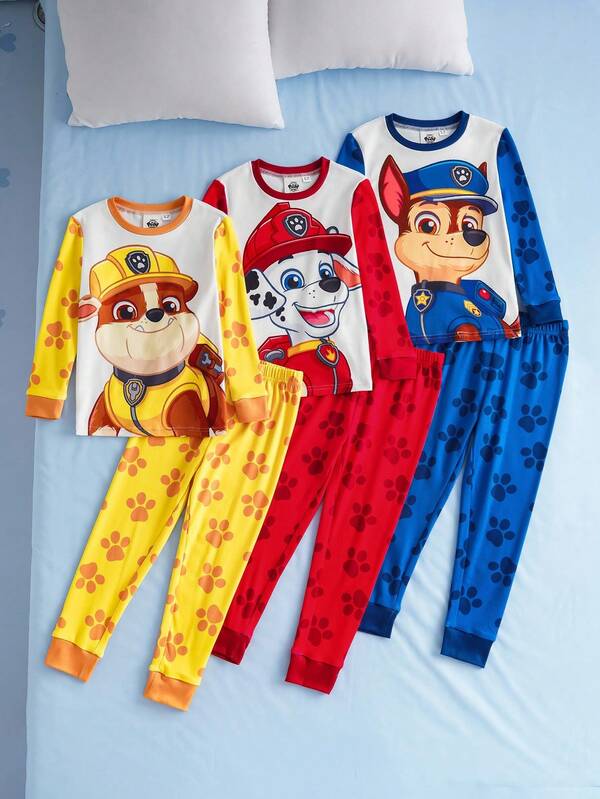 SHEIN | PAW Patrol Set de 6 piezas de pijama informal para niño pequeño con parte superior de manga larga cuello redondo y pantalones estampados con cachorros de dibujos animados, cómodo y elástico