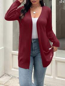 Vionelle Plus Size Women Solid Color Long Sleeve Casual Open Front Knit Cardigan, Autumn Red Cardigan Women Fall Clothes For Women Maroon Outfits For Women Cardigan Women Shrug Plus Size - Burgundy - View 5
