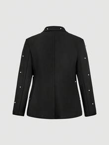 SHEIN MOD 大码珍珠装饰长袖上衣和喇叭裤两件套西装 - 黑色 - 查看 6