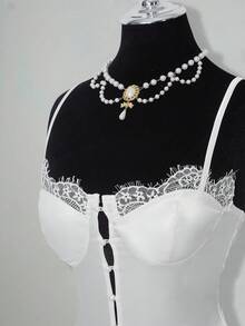 SHEIN ICON 女士蕾丝拼布缎面白色迷你连衣裙 - 白色 - 查看 4