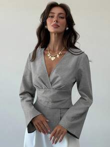 Aloruh New Stylish Commuter Waist Ruched Asymmetric Hem Long Flare Sleeve V-Neck Pullover Blouse - Grey - View 4