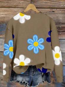 SHEIN LUNE Áo nỉ cổ tròn in họa tiết hoa nhỏ giản dị, đơn giản, vừa vặn dành cho nữ, thích hợp cho mùa thu/đông - Nhiều màu - Xem 2