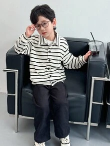 Genkimix Kids 2pcs/Set Toddler Boys' Autumn New Striped Collar Long Sleeve Button-Up Shirt Top And Straight Leg Casual Pants Set, Stylish Street Fashion Outfit Fall Winter - Black and White - View 6