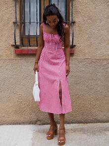 Yess Loren 女士格子吊带中长连衣裙，时尚适合夏季 - 紅白色 - 查看 4