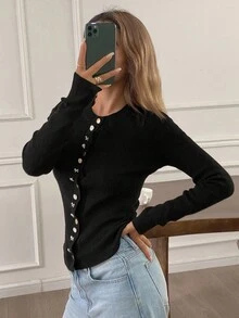 Livesso Cardigan francez cu un singur nasture pentru femei, toamnă - Negru - Vizualizare 5