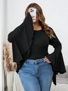 SHEIN CURVE+ Plus-Size Women's Black Long-Sleeved Flared-Sleeve Fitted Top, Dark Style/Fall/Winter - Black - View 7