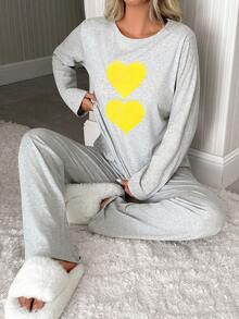 EURMUSE Women 2pcs Colourful Heart Pattern Long Sleeve Shirt&Pants Homewear Set - Grey - View 5