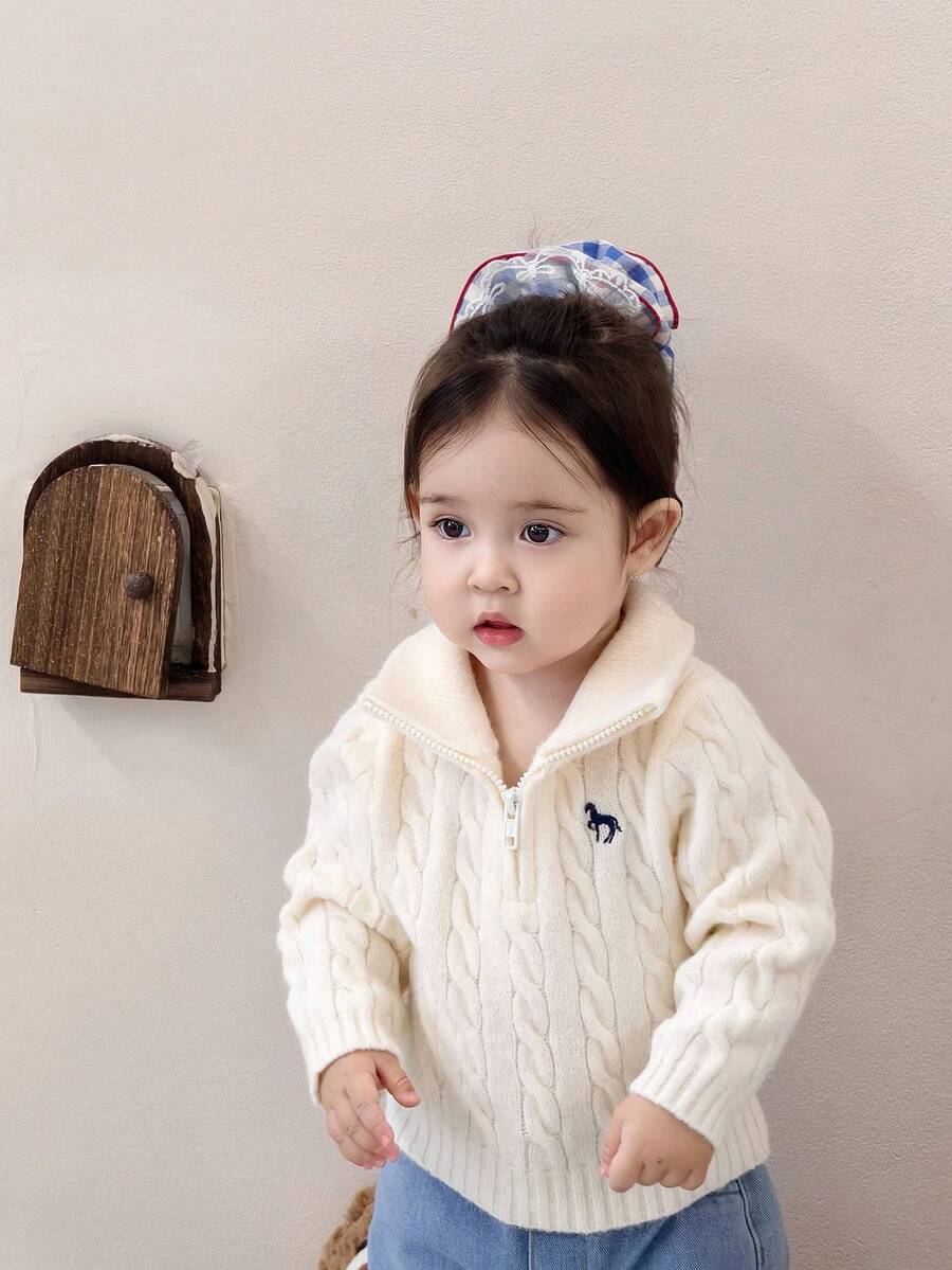 DAZY 女婴卡通刺绣韩版毛衣，秋冬季幼儿女童服装 - 米色 - 查看 1