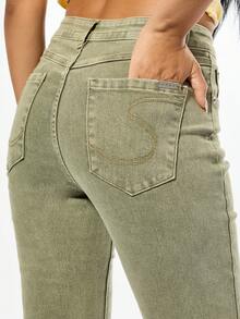 SUMWON WOMEN 棉质高腰喇叭裤 Y2K 风格叠层裤腿经典版型直筒牛仔裤秋冬时尚复古下装 - 淺灰色 - 查看 2