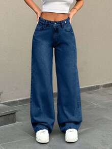 EURMUSE Low Waist Button Detailed Snow Wash Straight Cut Jean - Dark Wash - View 9